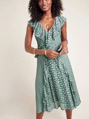Anthropologie Antoinette Lace Midi Dress 8 Sage Green Ruffle EUC